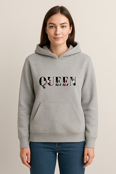 MODA سويت شيرت بقلنسوة مطبوع عليه صورة الملكة (خيطين)