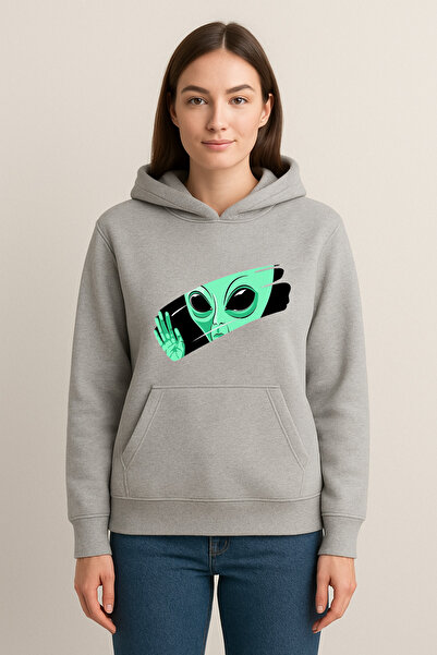 MODA سويت شيرت بغطاء للرأس مطبوع عليه كائن فضائي (خيطان)