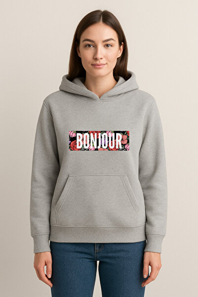 MODA سويت شيرت بقلنسوة مطبوع عليه "Bonjour" (خيطين)