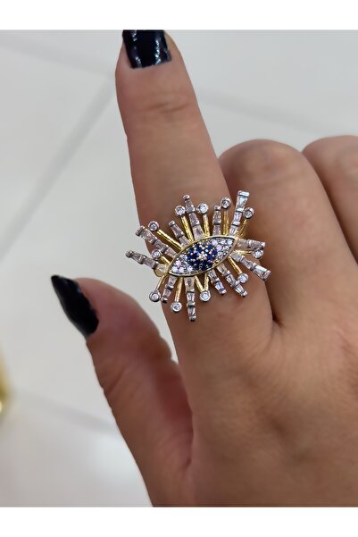 Hicrans Takı BÜYÜK NAZAR BONCUĞU MODEL TAŞLI GOLD ÇELİK YÜZÜK
