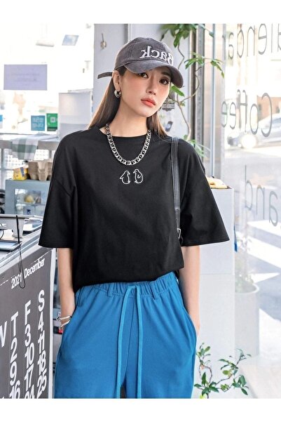 Flood Of Style Bluza oversize pentru femei, imprimată cu doi pinguini negri