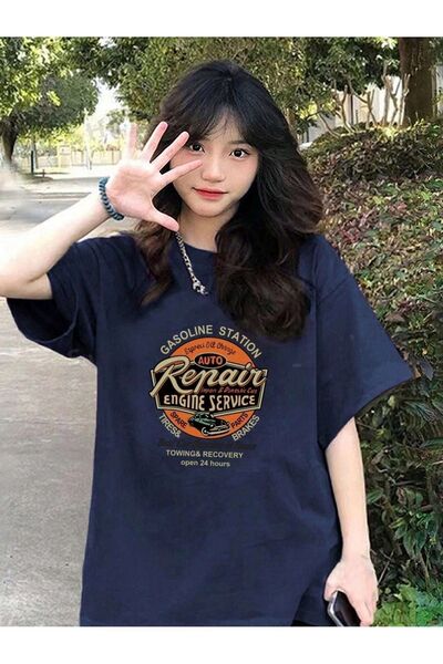 Flood Of Style طباعة إصلاح السيارات باللون الأزرق الداكن للنساء مقاس كبير