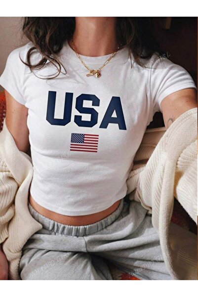 Flood Of Style Γυναικείο λευκό μπλουζάκι Usa Flag με τύπωμα με λαιμόκοψη με σ...