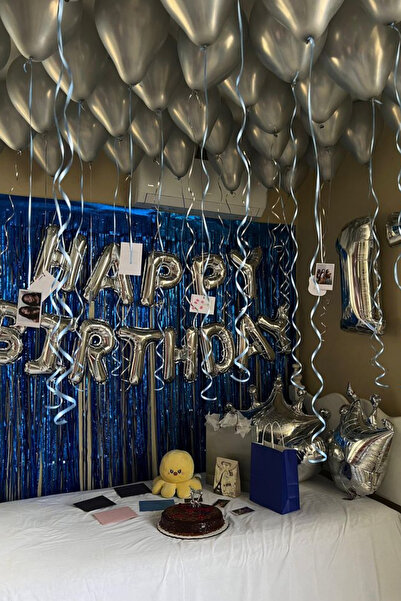 Baloncu Nene Happy Birthday Foil Set Silver Balloon Party Birthday Decoration Set