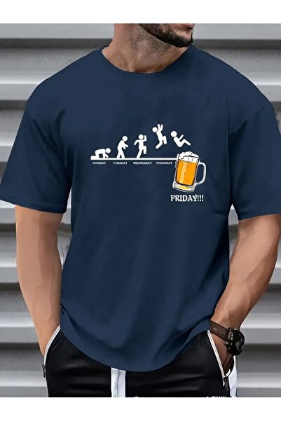 Flood Of Style Bărbatul albastru marin Friday Beer cu imprimeu supradimensionat