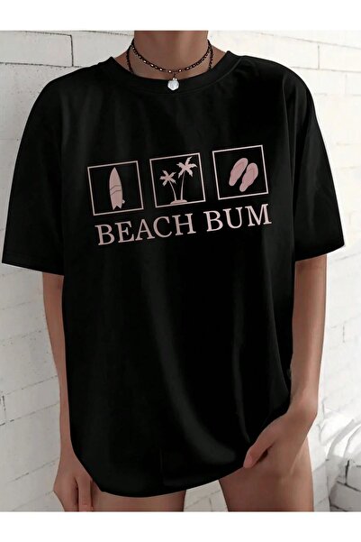 Flood Of Style تي شيرت نسائي أسود كبير الحجم مطبوع عليه Beach Bum