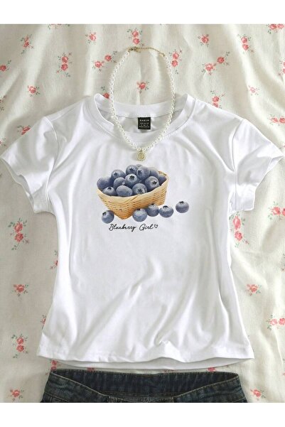 Flood Of Style Crop strâns pentru femei, alb, afine cu imprimeu guler rotund