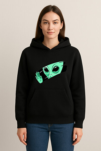 MODA سويت شيرت بغطاء للرأس مطبوع عليه كائن فضائي (خيطان)