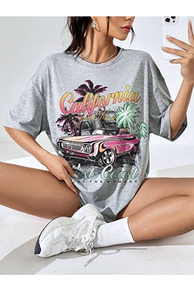 Flood Of Style Women's Gray California Car Printed Oversize T-Shirt
