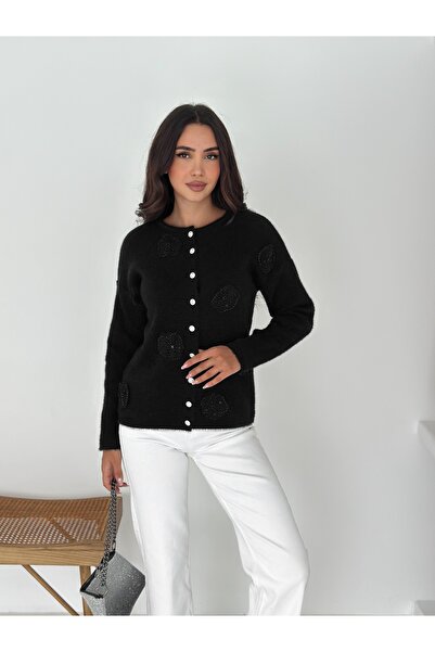 02Lady Fashion Soft Texture Floral Patterned Buttoned Knitwear Cardigan