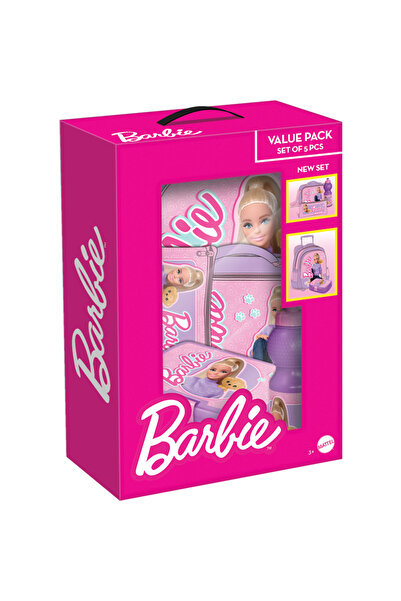 mattel Barbie 5 in 1 Value Pack-16" Trolley Bag,LunchBag,LunchBox,WaterBottle,Pencil Case