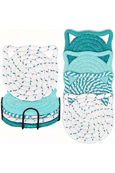 esdekor Blue 8-Piece Cat Ear Coaster Set, Warm Hand-Woven Coaster