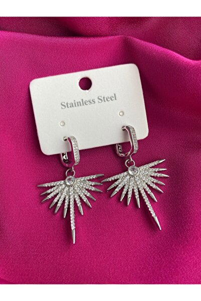 Fashion'S Yıldız Motifli Gümüş Renkli Taşlı Bijuteri Küpe