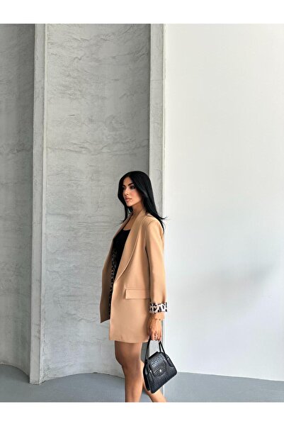 vesantia Γυναικείο μπλέιζερ παλτό από ύφασμα βιζόν με λεπτομέρεια με λεοπάρ σχέδιο