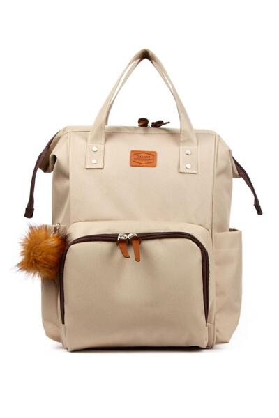 Avşar Baby Luxury Beige Leather Detailed Mother Baby Care Backpack with Pompom Keychain