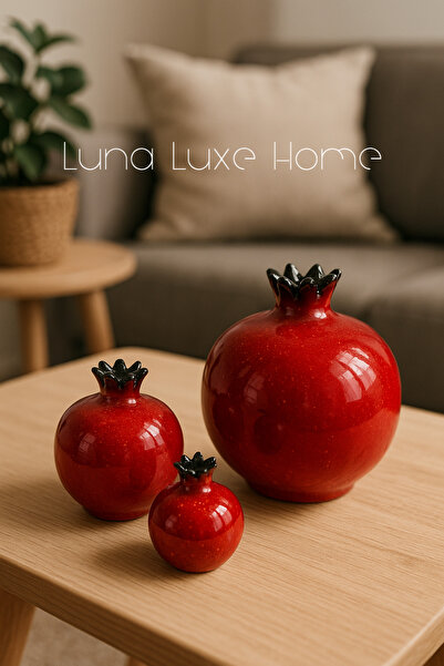 Luna Luxe Home Dekoratif Üçlü Canlı Kırmızı Nar Obje Seti