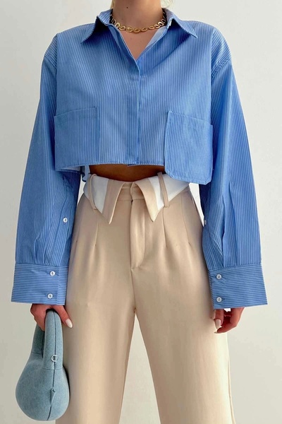 URİS Kadın Mavi Çizgili Mini Crop Gömlek
