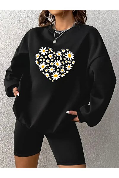 FUFLUNS سويت شيرت بياقة دائرية للجنسين مطبوع عليه قلب ديزي مقاس كبير للنساء/ا...