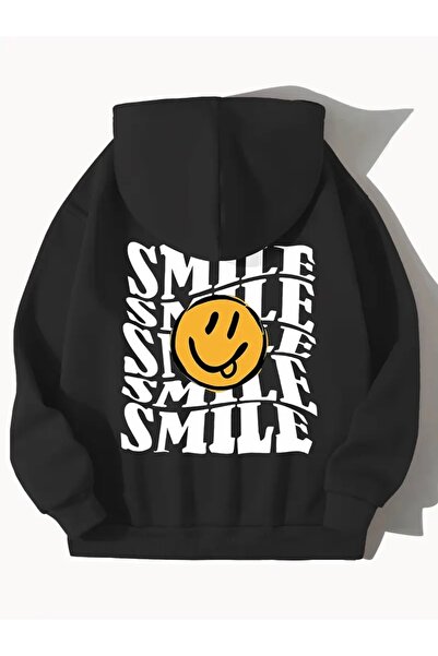 FUFLUNS سويت شيرت بقلنسوة كبير الحجم مطبوع عليه SMILE على الظهر للجنسين للنسا...