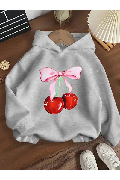 buendiakids Сива суитшърт с качулка и принт с череши за момичета/момчета
