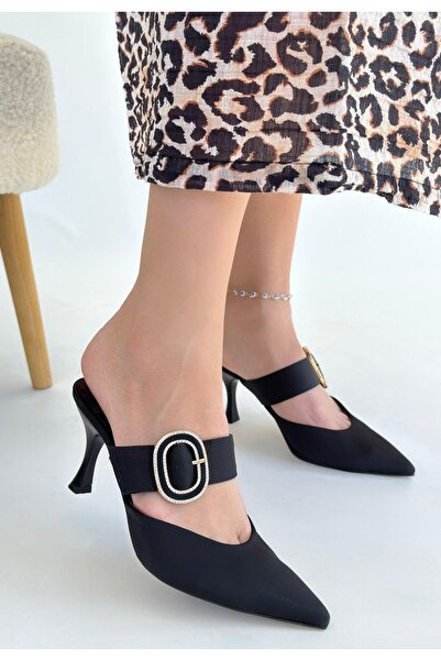 NESSİMO Black Satin Heeled Slippers N265352