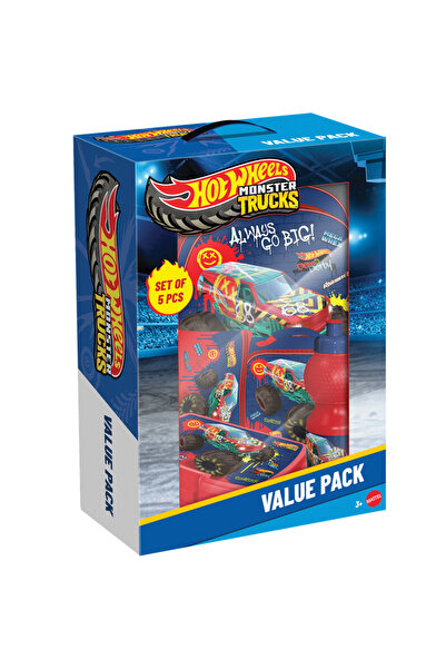 mattel Hot Wheels 5 in 1 Value Pack-16" Trolley Bag,LunchBag,LunchBox,WaterBottle,Pencil Case