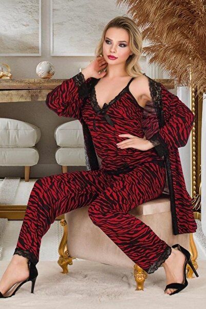 Viselya Комплект пижама с черна дантела в червено и черно, 3 части