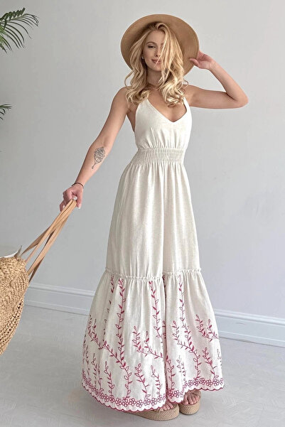 URİS Fusta de damă cu talie brodată, rochie lungă din in, ecru