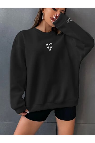 FUFLUNS سويت شيرت كبير الحجم مطبوع عليه قلب على الأكمام الأمامية والخلفية للج...