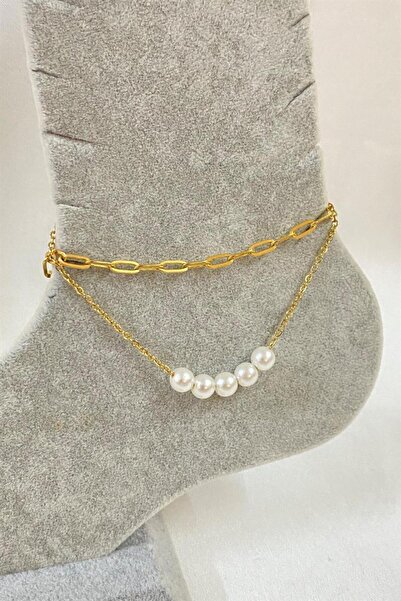 craftbaskitasarim Gold Color Five Pearl Model Crushed and Sf Chain Steel Anklet