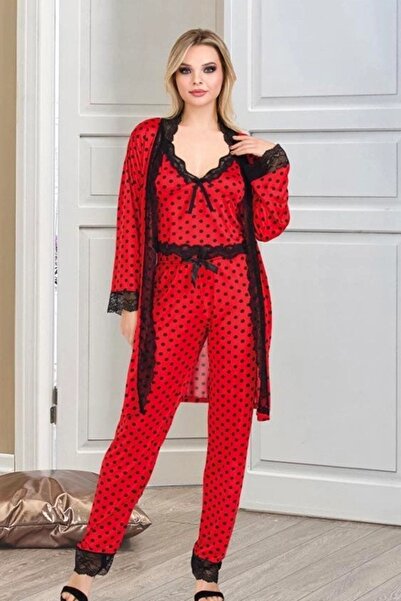 Viselya Set de pijamale negre din dantelă piese, roșii, din 3 piese