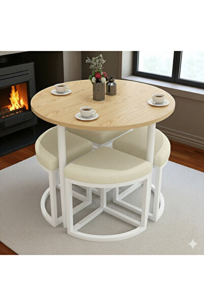 EDMONDA EV AKSESUAR ALARA BEYAZ METAL YUVARLAK YEMEK MASASI TAKIMI 4 KİŞİLİK ...