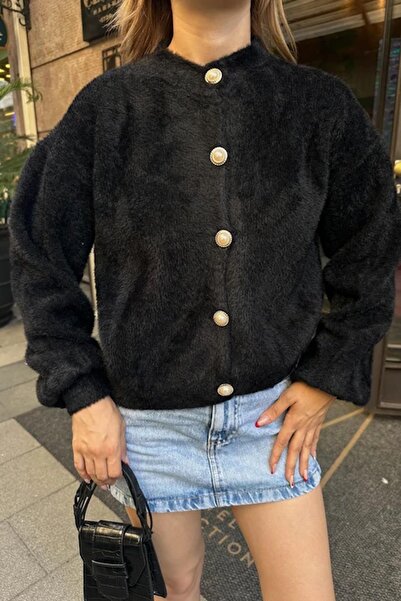 Lusin Women's Black Stylish Pearl Buttoned Soft Knitwear Cardigan