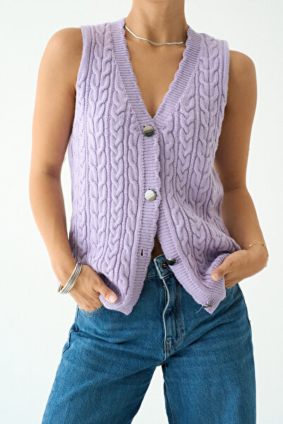 LOOSH Kadın Lila V Yaka Saç Örgü Desenli Triko Hırka Yelek