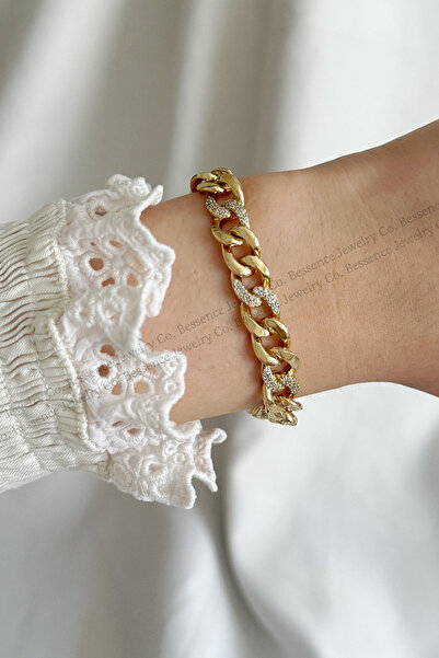Genel Markalar Xuping Kalın Halka Zirkon Taşlı VIP 14K GOLD Çelik Bileklik - 17CM+2CM AYARLANABİLİR