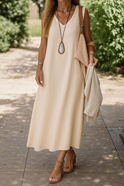 Mossta V-Neck Sleeveless Loose Imported Linen Dress - Beige
