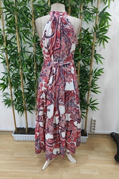 Mossta Halter Neck Belted Patterned Single Jersey Dress - Burgundy