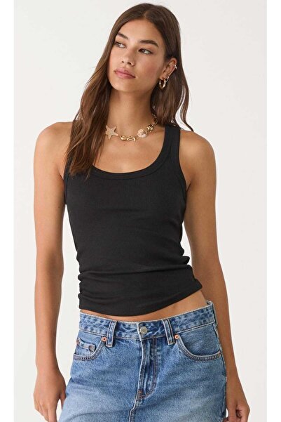 greymoda Women's Ribbed Look Thick Strap Basic Black Undershirt