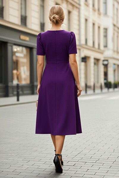 Mossta Purple V-Neck Double-Breasted Short Sleeve Midi Dress – Casual & Stylish Office Model