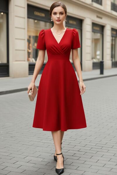 Mossta Red Short Sleeve V-Neck Double-Breasted Midi Dress – Modern Chic Women's Dress