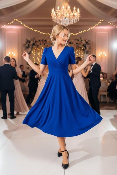 Mossta Rochie midi Saks albastru cu decolteu în V, cu mâneci scurte, rochie modernă și elegantă