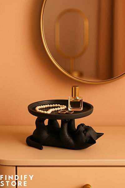Findify Store Dekoratif Siyah Kedi Şekilli Sunumluk Takı ve Aksesuar Organizer, Modern Masaüstü Düzenleyici