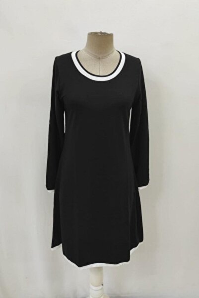 Mossta Viscose Two Thread Dress with White Piping on Neckline and Sleeves - Black