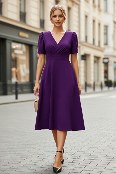 Mossta Purple V-Neck Double-Breasted Short Sleeve Midi Dress – Casual & Stylish Office Model