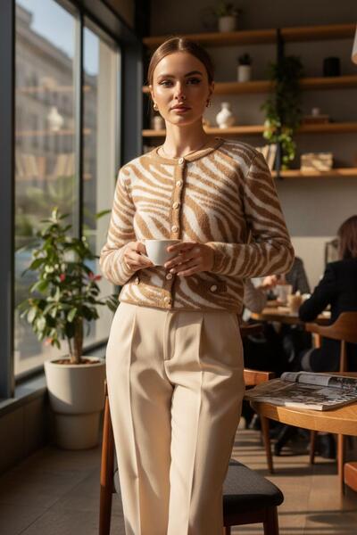 Mossta Zebra Patterned Short Soft Cardigan - Brown
