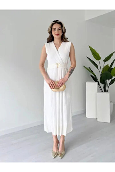URİS Γυναικείο καλοκαιρινό φόρεμα με μηδενικό μανίκι λευκό κομψό με λεπτομέρε...