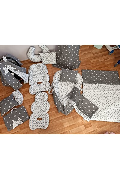 Gri Beyaz Yıldız Oval Yataklı 13 Parça Babynest Seti