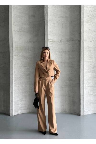 vesantia Women's Mink Double Buttoned Drum Fabric Crop Blazer Jacket & High Waist Palazzo Pants Set