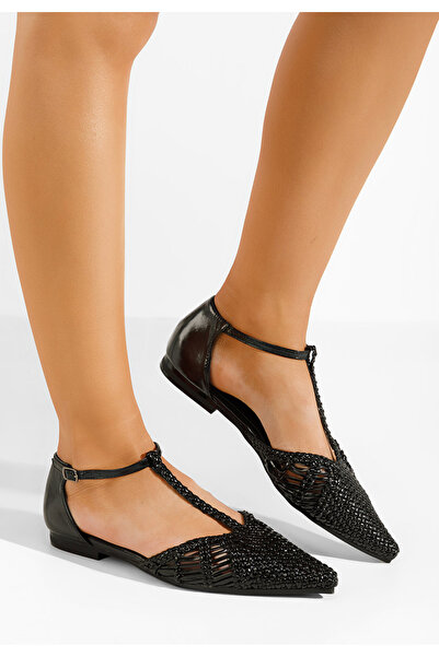 B T Shoes Μπαλαρίνεσ μυτερεσ Paisley μαύρα