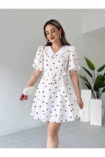 URİS Mini rochie de vară din poplin căptușită cu model de inimă pentru femei